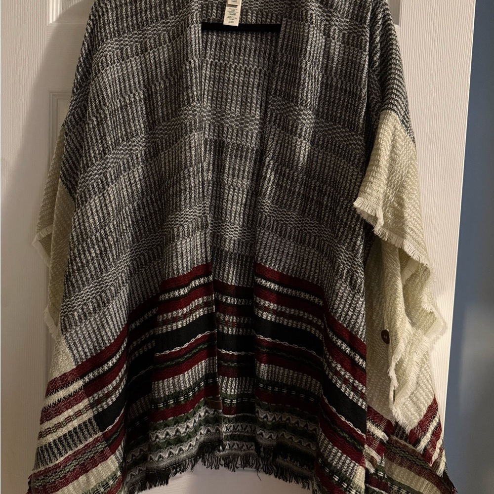 RootsCozy Knit Open Poncho Sweater - Gray, Cream & Burgundy